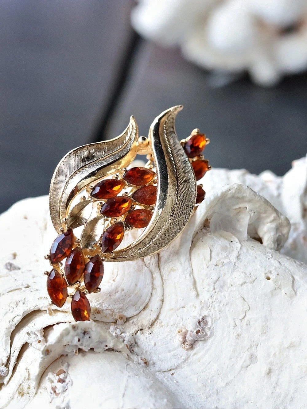 Trufari Vintage Gold-Tone Amber Rhinestone Leaf Brooch